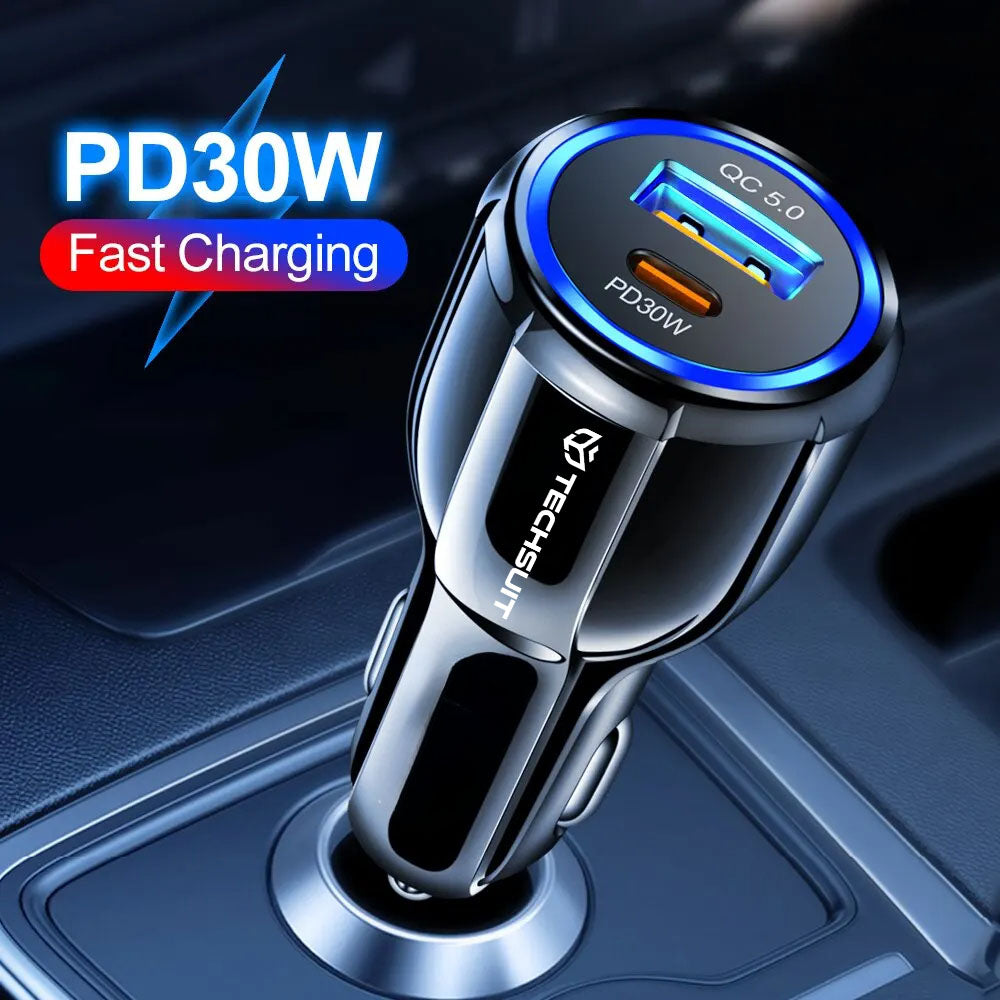 Biloplader Techsuit TE-022 Premium, 60W, 3A, 1 x USB-A - 1 x USB-C, Sort