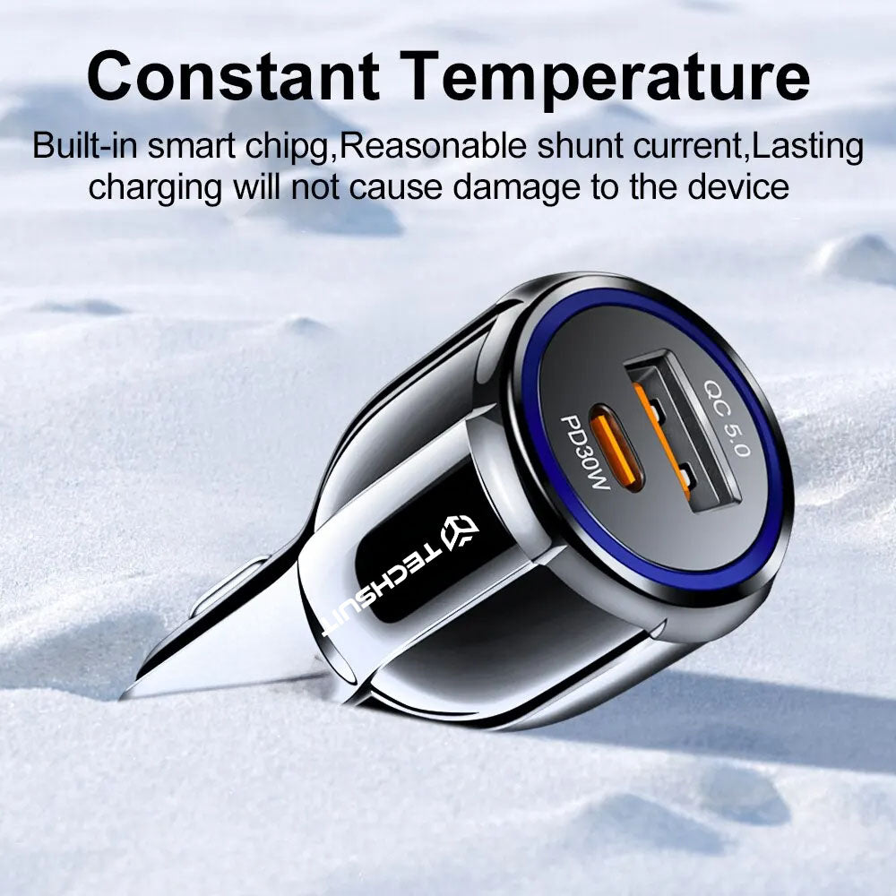 Biloplader Techsuit TE-022 Premium, 60W, 3A, 1 x USB-A - 1 x USB-C, Sort