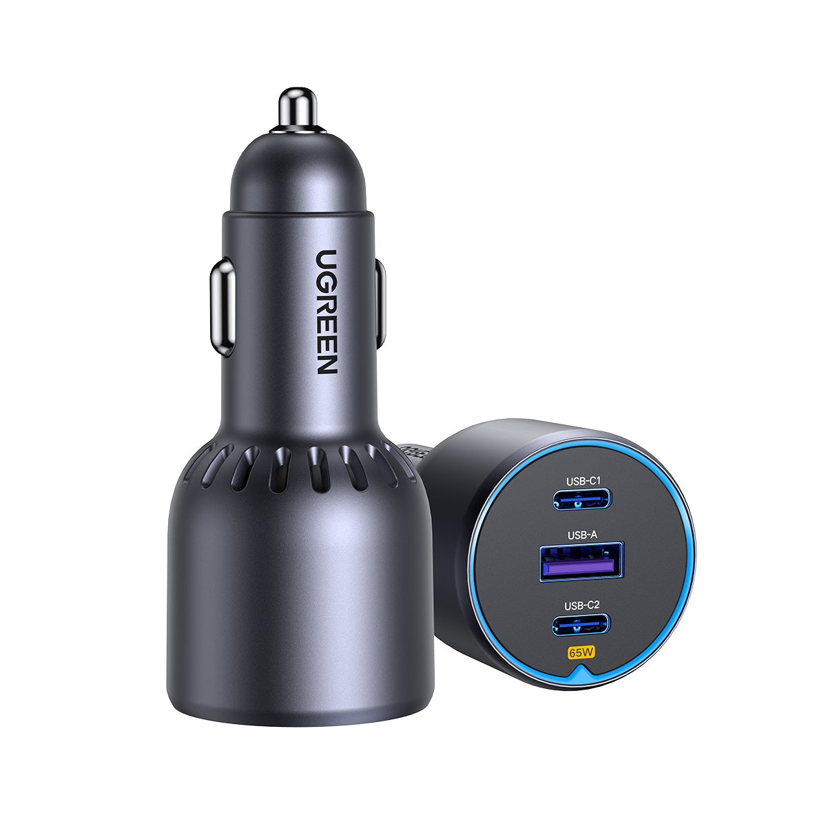 Biloplader UGREEN EC703, 75W, 3.25A, 1 x USB-A - 2 x USB-C, Sort