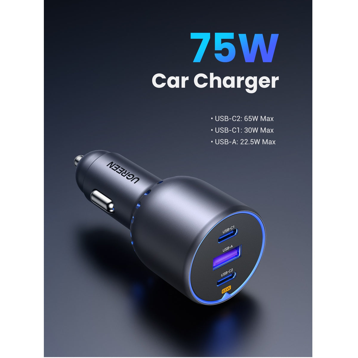 Biloplader UGREEN EC703, 75W, 3.25A, 1 x USB-A - 2 x USB-C, Sort