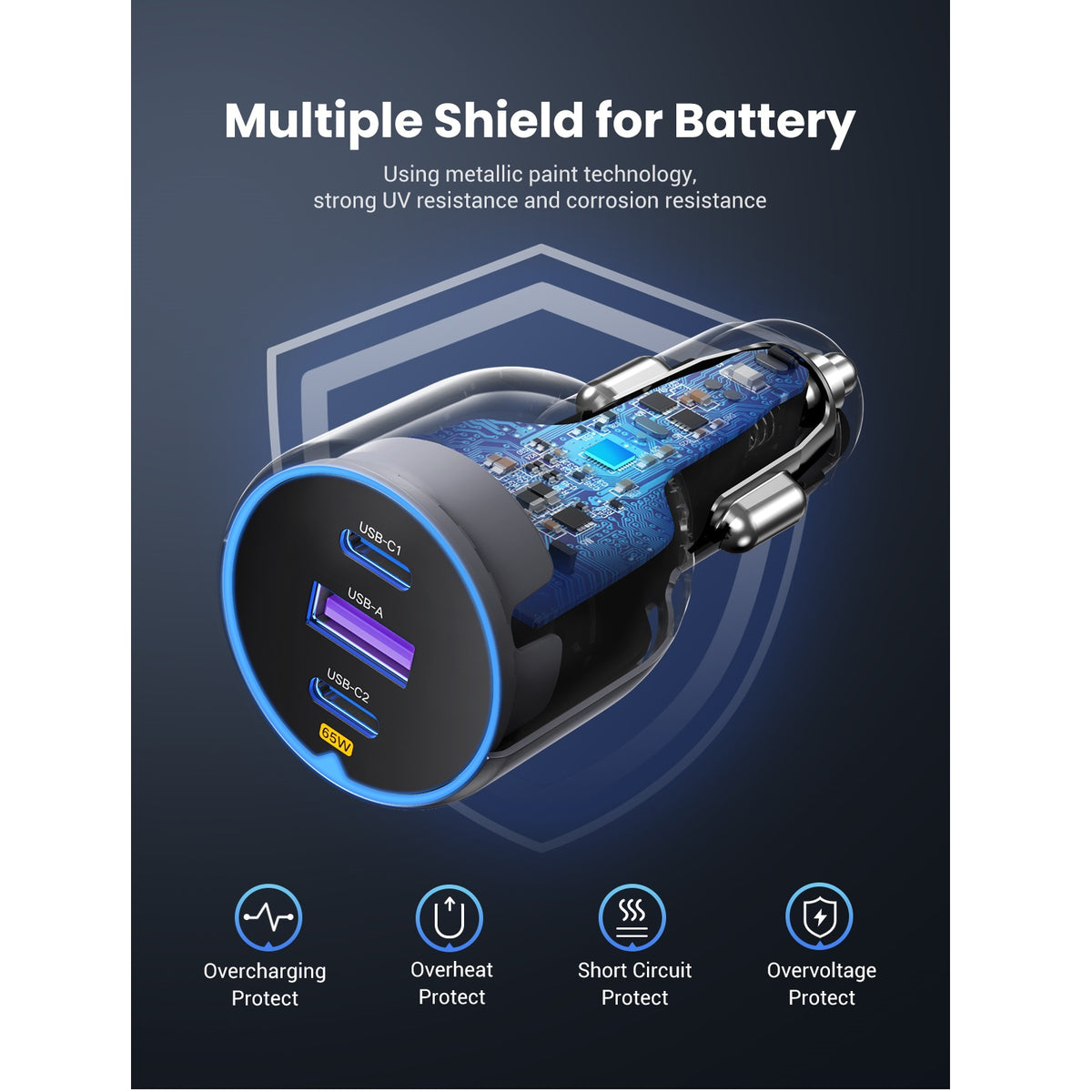Biloplader UGREEN EC703, 75W, 3.25A, 1 x USB-A - 2 x USB-C, Sort