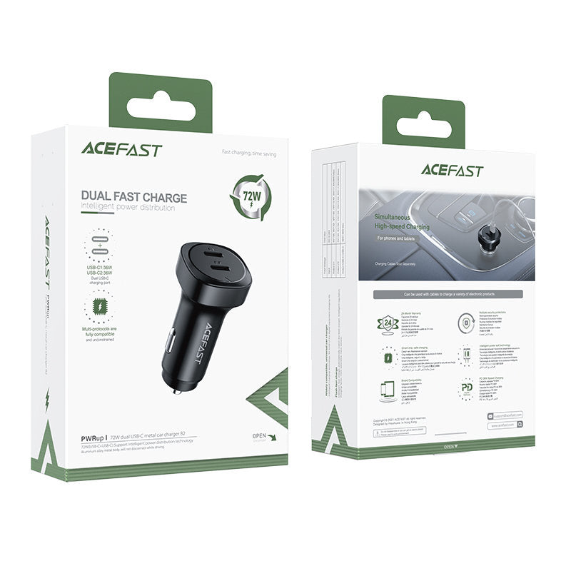Biloplader Acefast B2, 72W, 3A, 2 x USB-C, Sort