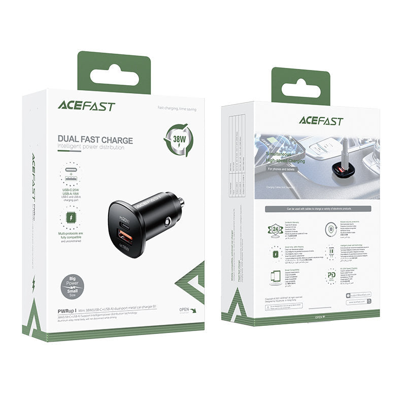 Acefast B1 Car Charger, 38W, 3A, 1 x USB-A - 1 x USB-C, Black
