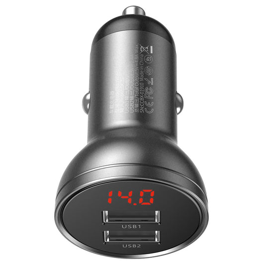 Baseus billader med digitalt display, 24W, 2,4A, 2 x USB-A, grå CCBX-0G