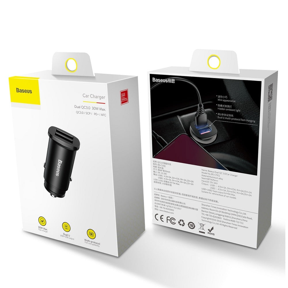 Biloplader Baseus BS-C15Q, 30W, 5A, 2 x USB-A, sort CCALL-DS01