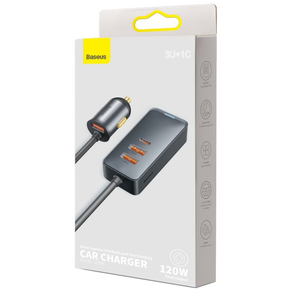 Baseus Share Together Biloplader, 120W, 3A, 3 x USB-A - 1 x USB-C, Grå CCBT-B0G