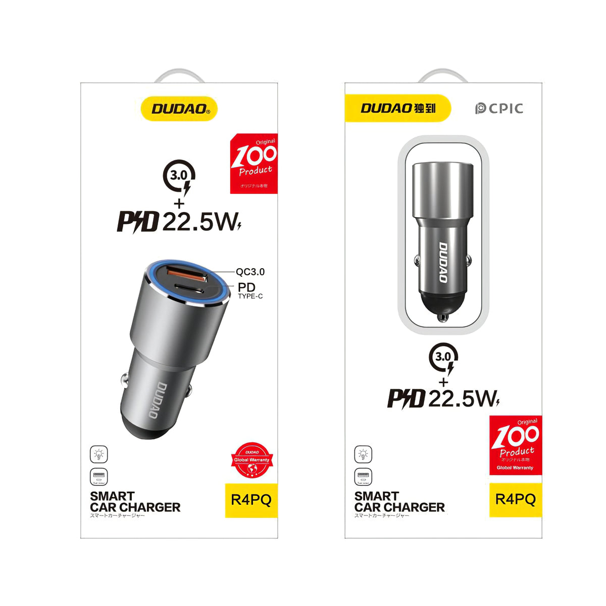 Dudao R4PQ USB Car Charger, 1 X USB - 1 X USB Type-C, 22.5 W, Quick Charge - Power Delivery, Gray