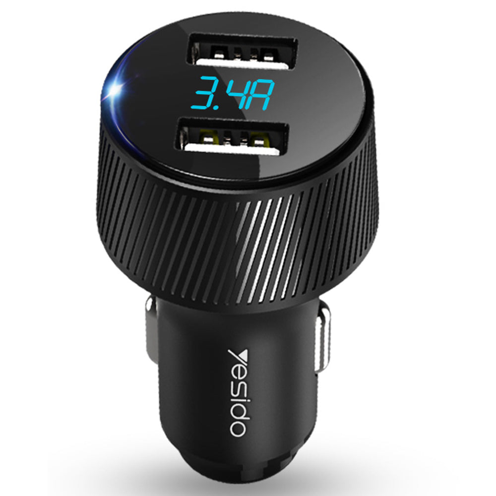 Biloplader Yesido Y31 Display, 18W, 3A, 2 x USB-A, Sort