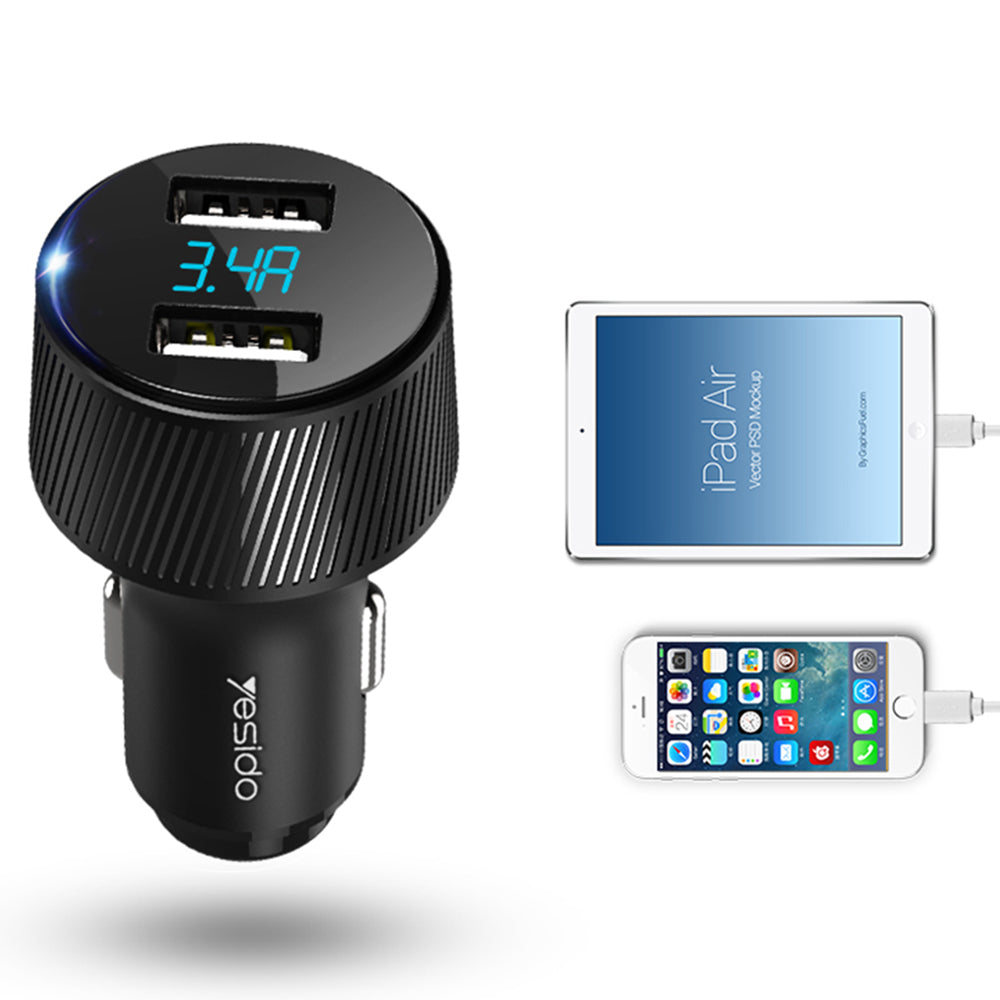 Biloplader Yesido Y31 Display, 18W, 3A, 2 x USB-A, Sort