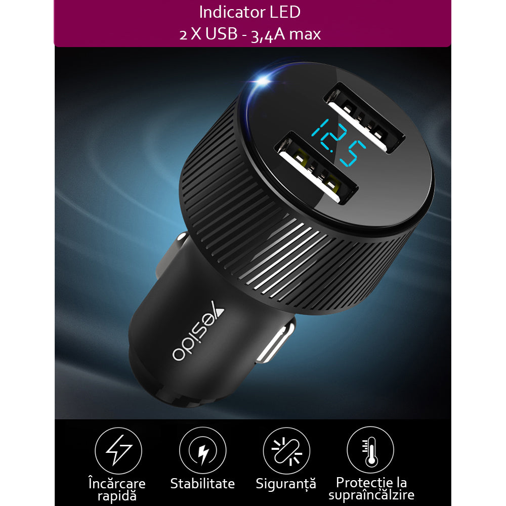 Biloplader Yesido Y31 Display, 18W, 3A, 2 x USB-A, Sort
