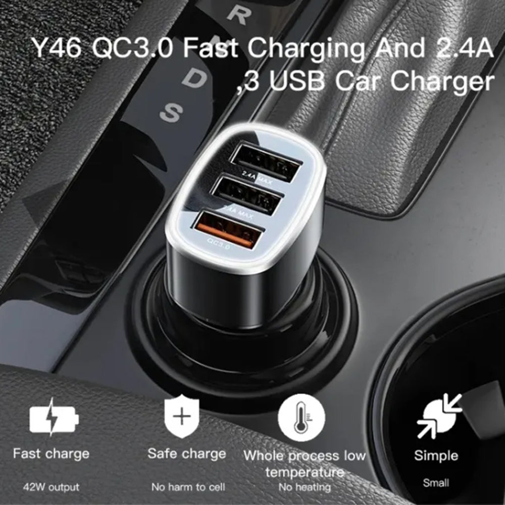 Biloplader Yesido Y46, 42W, 3A, 3 x USB-A, Sort