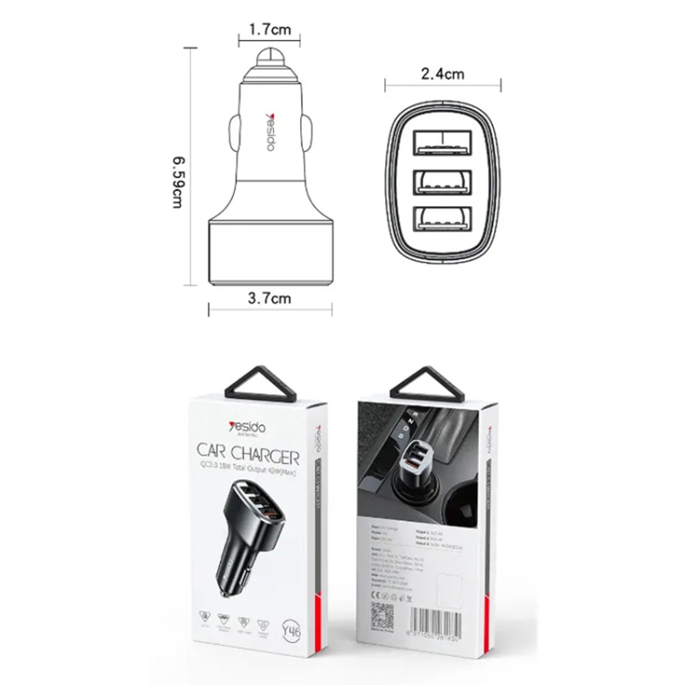 Biloplader Yesido Y46, 42W, 3A, 3 x USB-A, Sort