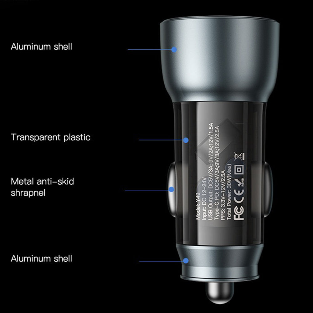 Biloplader Yesido Y49, 30W, 3A, 1 x USB-A - 1 x USB-C, Grå