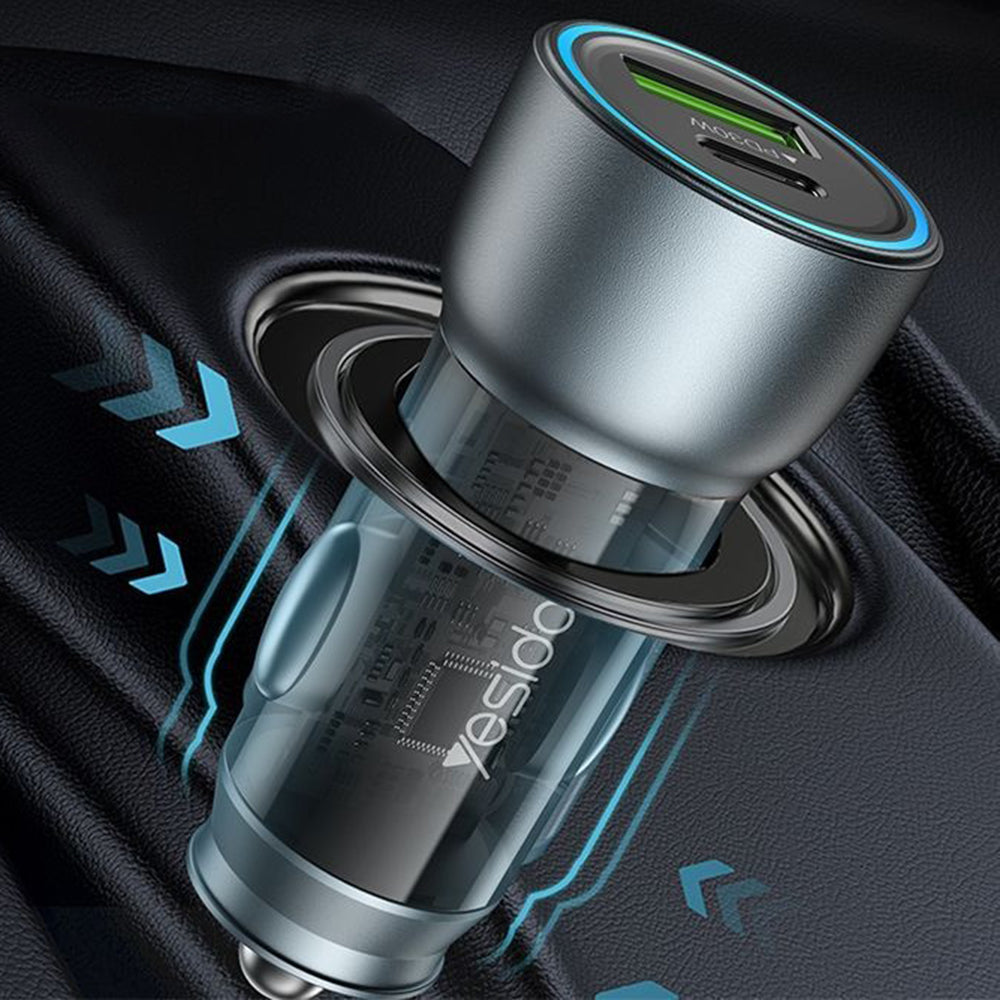 Biloplader Yesido Y49, 30W, 3A, 1 x USB-A - 1 x USB-C, Grå