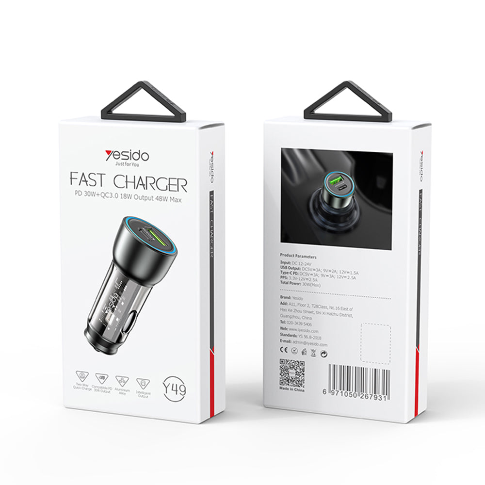 Biloplader Yesido Y49, 30W, 3A, 1 x USB-A - 1 x USB-C, Grå