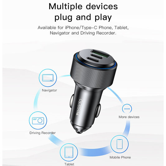 Biloplader Yesido Y50, 60W, 3A, 1 x USB-A - 2 x USB-C, Sort