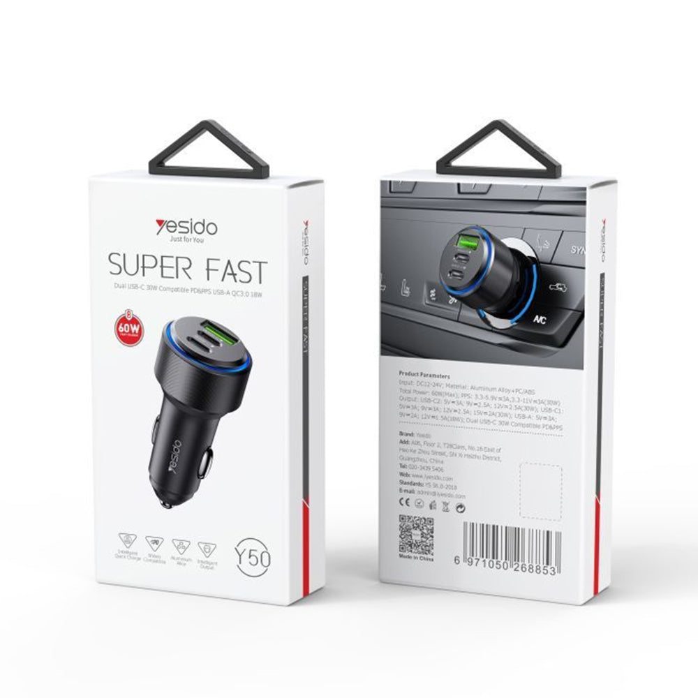 Biloplader Yesido Y50, 60W, 3A, 1 x USB-A - 2 x USB-C, Sort