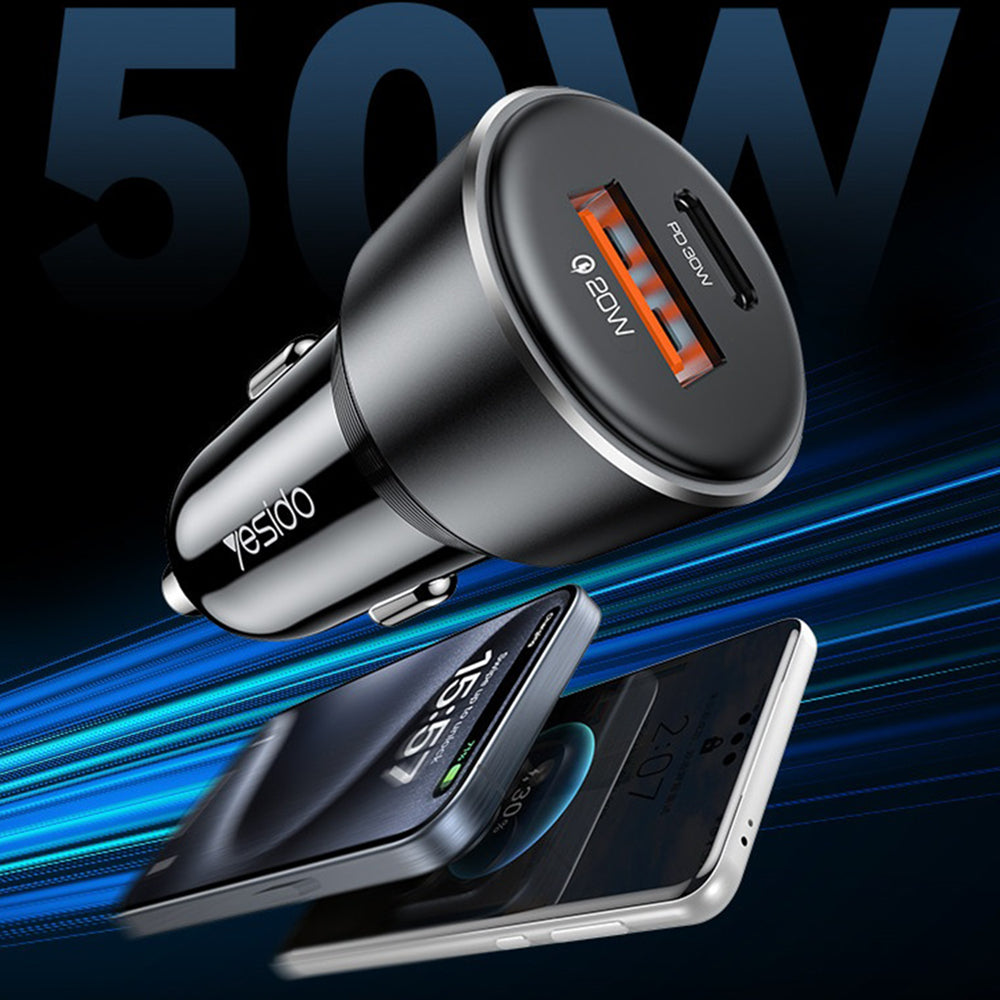 Biloplader Yesido Y64, 50W, 3A, 1 x USB-A - 1 x USB-C, Sort