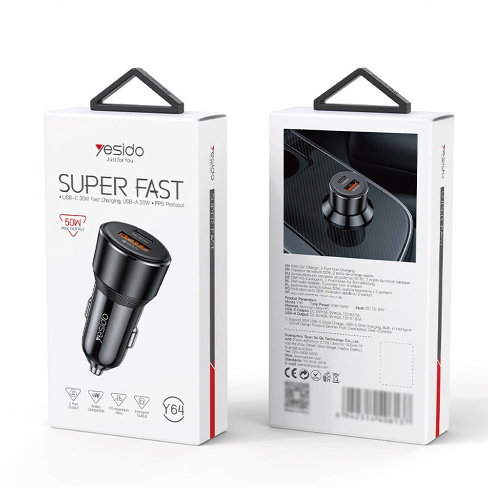 Biloplader Yesido Y64, 50W, 3A, 1 x USB-A - 1 x USB-C, Sort