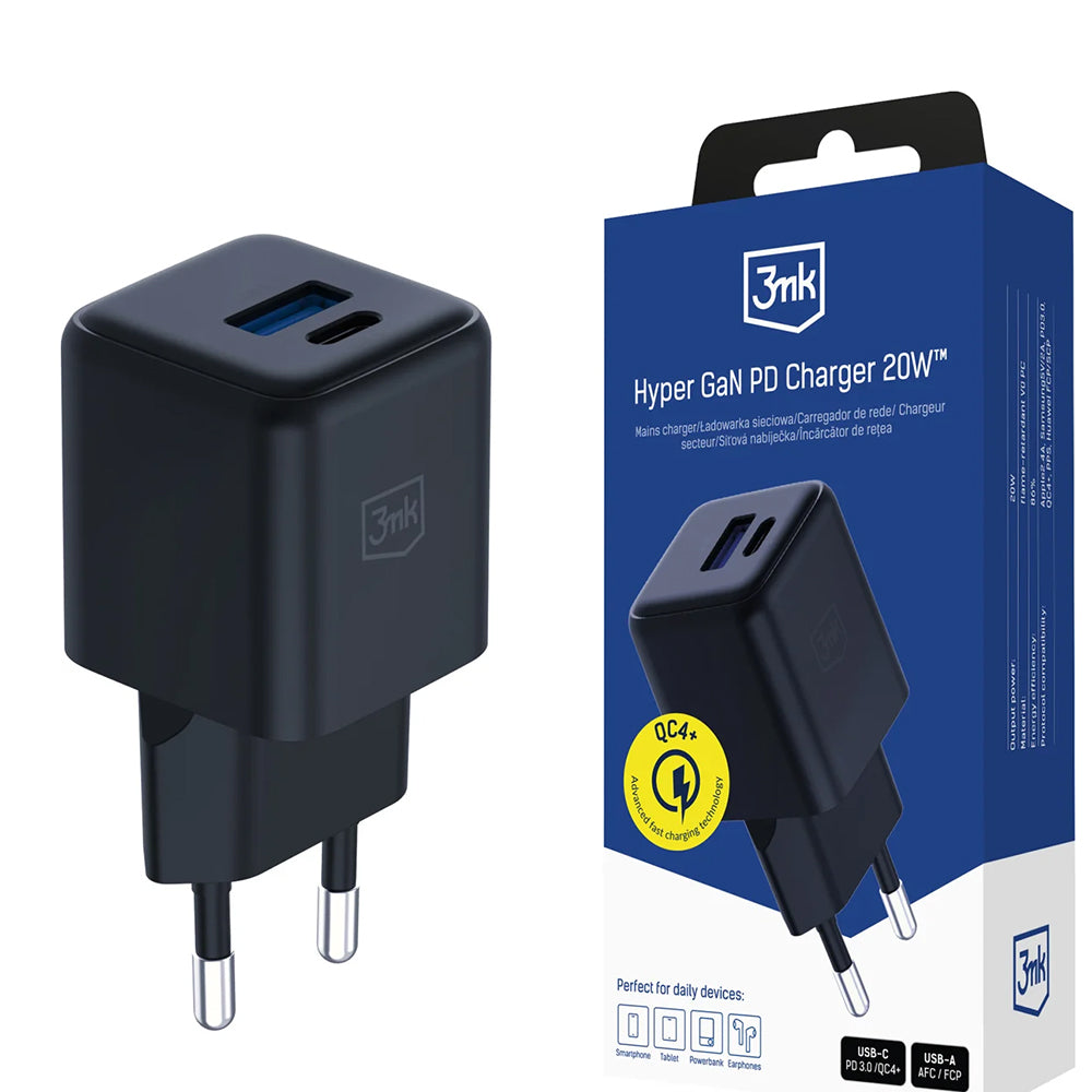 Netværksoplader 3MK Hyper, 20W, 3A, 1 x USB-A - 1 x USB-C, Sort
