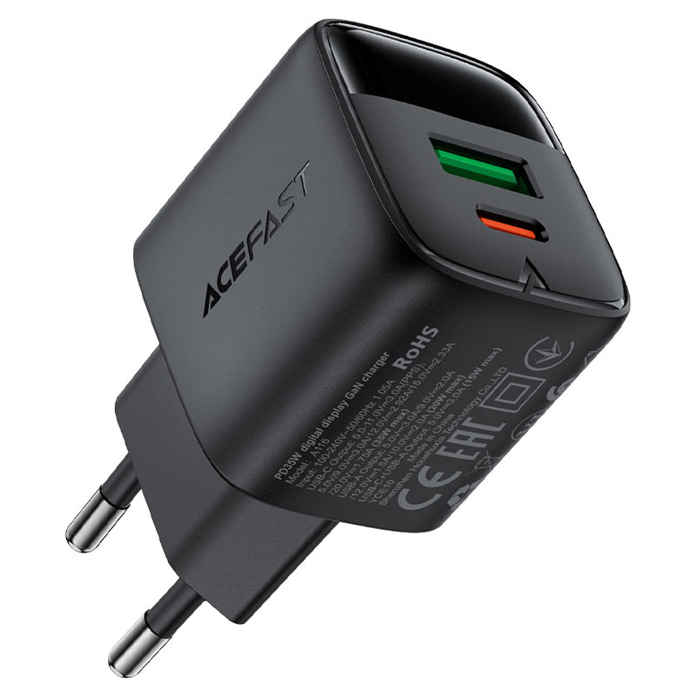Acefast A116 Display netværksoplader, 35W, 3A, 1 x USB-A - 1 x USB-C, Sort