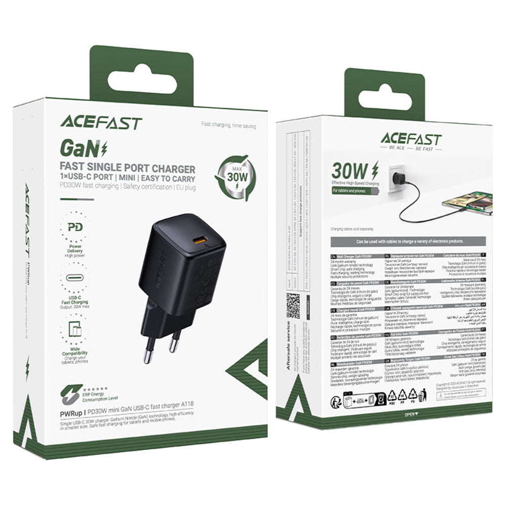 Netværksoplader Acefast A118, 30W, 3A, 1 x USB-C, Sort