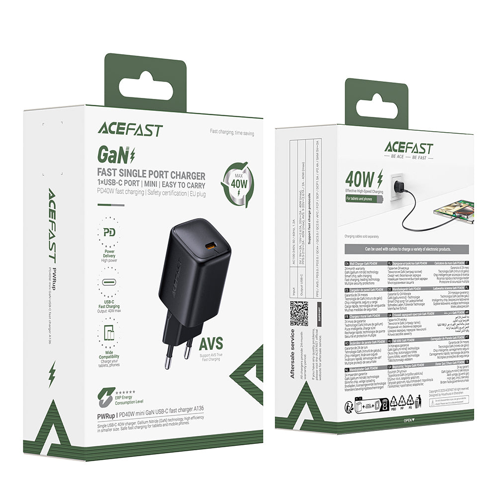 Netværksoplader Acefast A136, 40W, 3A, 1 x USB-C, Sort