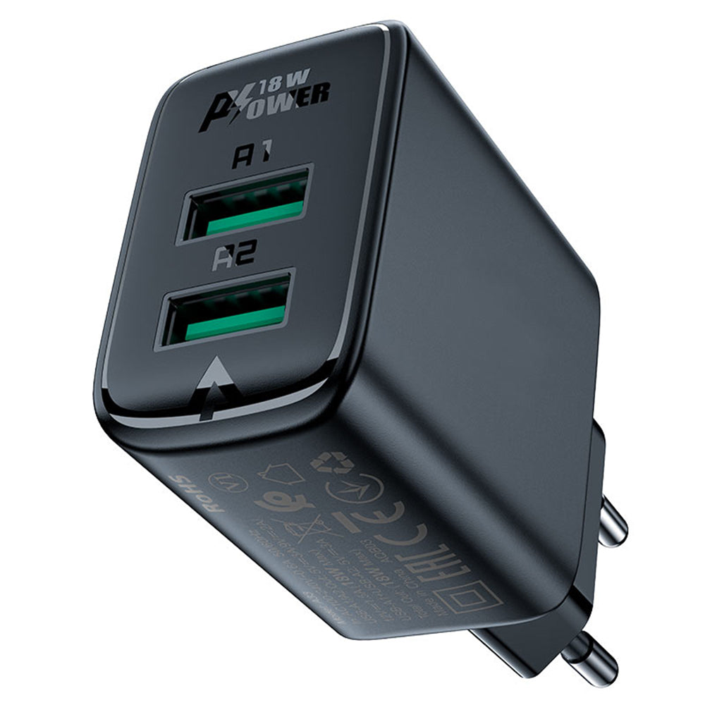 Netværksoplader Acefast A33, 18W, 3A, 2 x USB-A, Sort