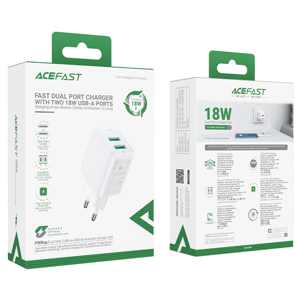 Netværksoplader Acefast A33, 18W, 3A, 2 x USB-A, Sort