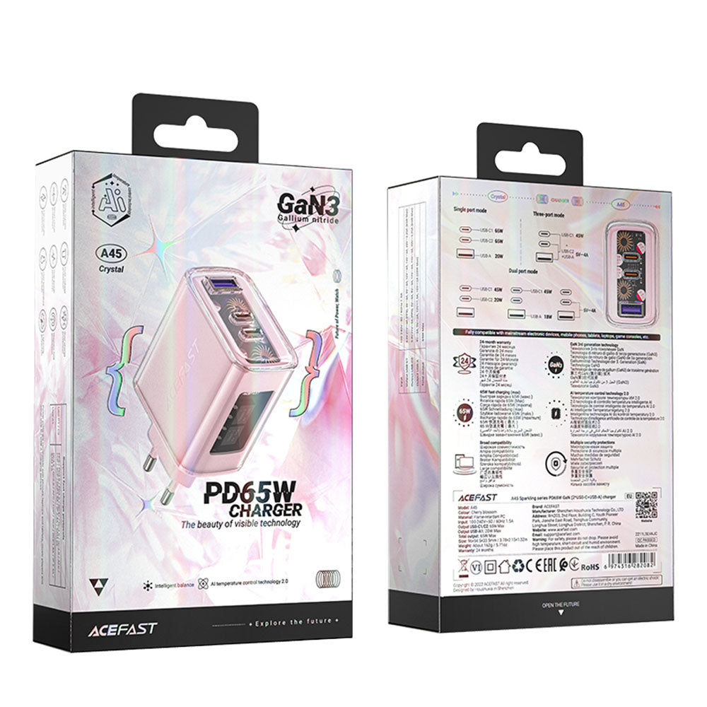 Acefast A45 Exploration netværksoplader, 65W, 3.25A, 1 x USB-A - 2 x USB-C, Pink