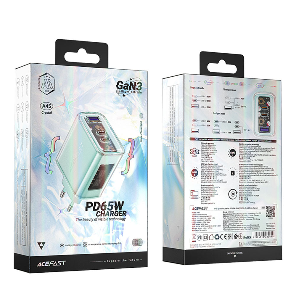 Netværksoplader Acefast A45 Exploration, 65W, 3.25A, 1 x USB-A - 2 x USB-C, Grøn