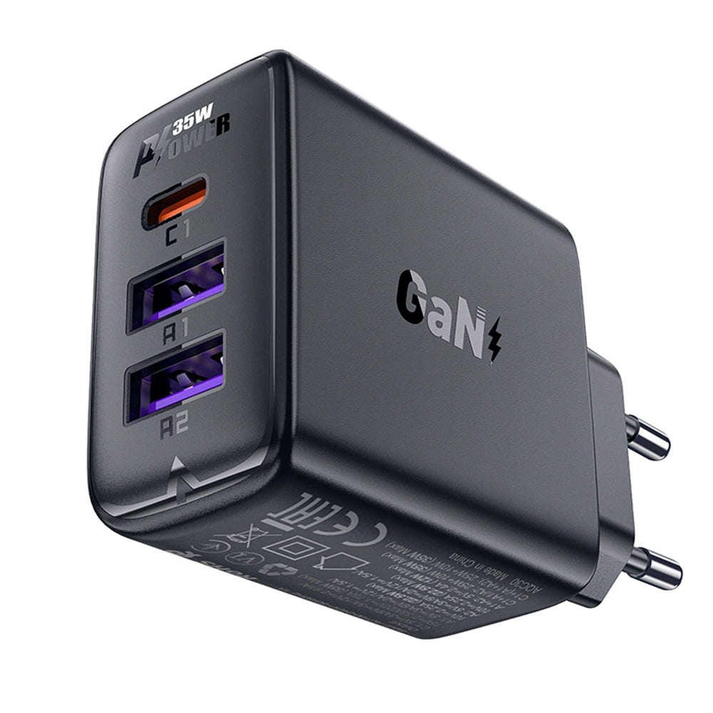 Acefast A57 netværksoplader, 35W, 3A, 2 x USB-A - 1 x USB-C, Sort