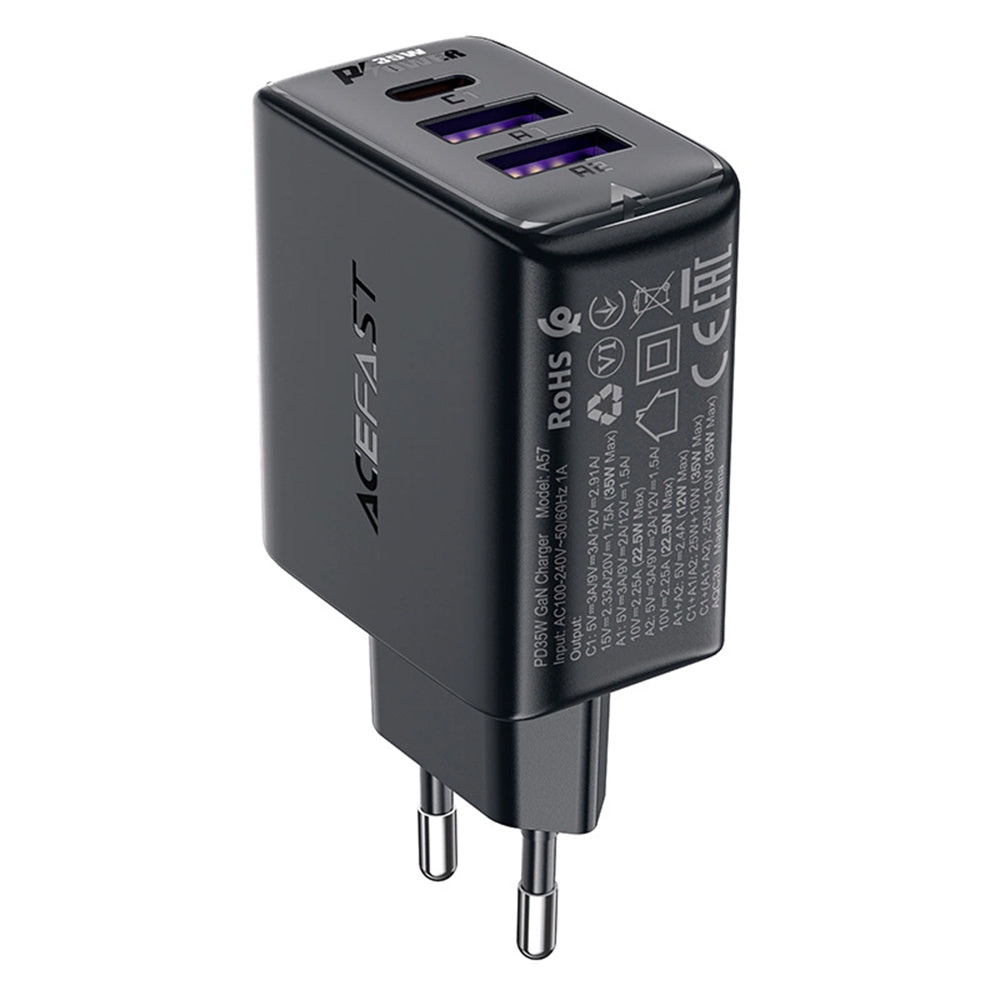Acefast A57 netværksoplader, 35W, 3A, 2 x USB-A - 1 x USB-C, Sort