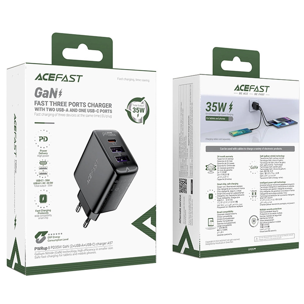 Acefast A57 netværksoplader, 35W, 3A, 2 x USB-A - 1 x USB-C, Sort