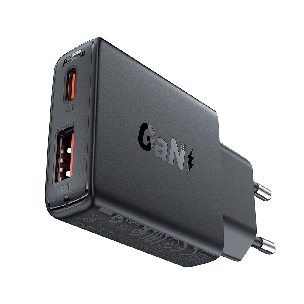 Netværksoplader Acefast A69, 30W, 3A, 1 x USB-A - 1 x USB-C, Sort