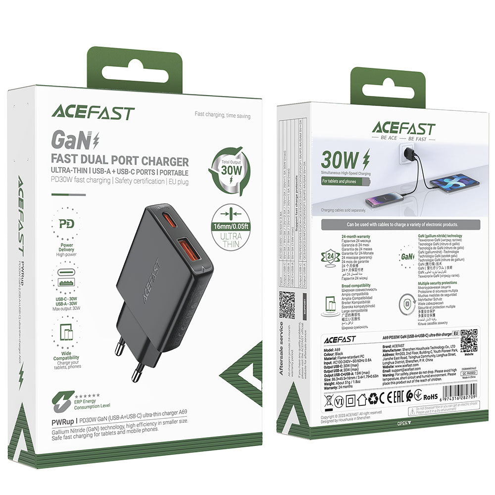 Netværksoplader Acefast A69, 30W, 3A, 1 x USB-A - 1 x USB-C, Sort