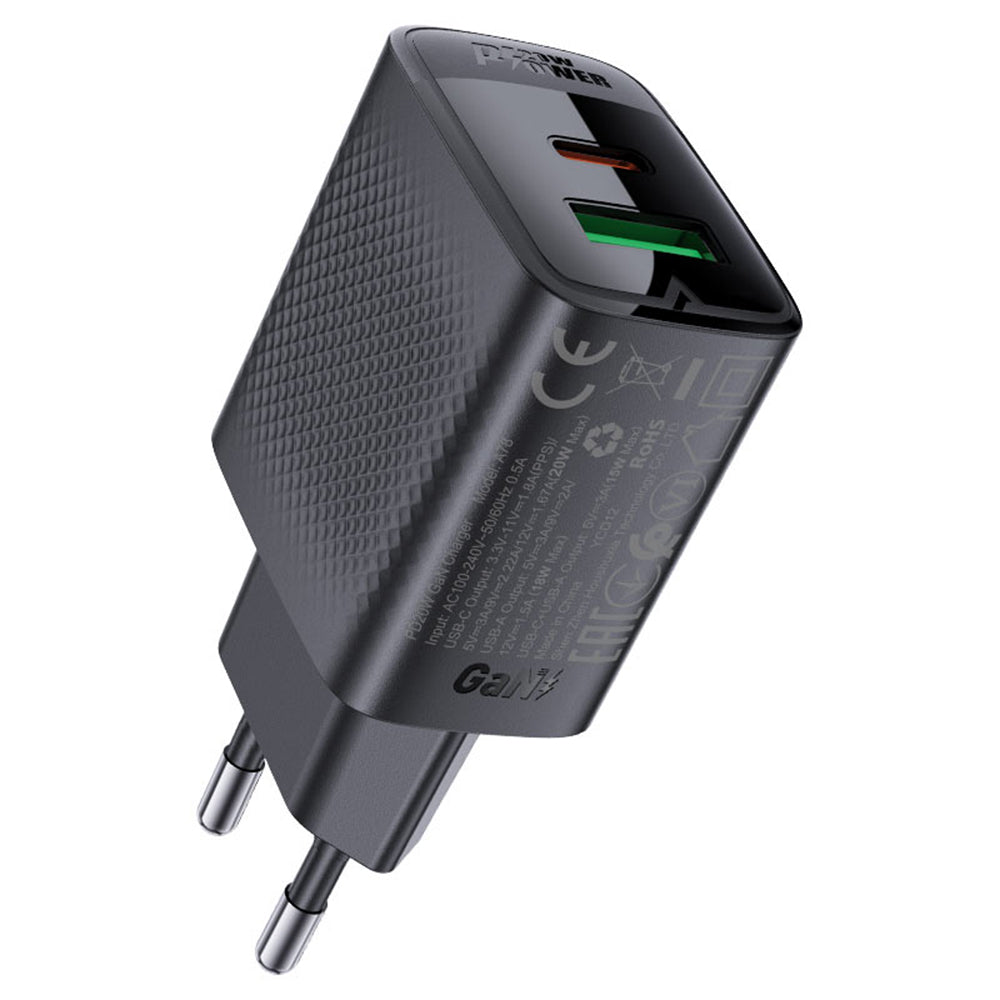 Acefast A78 netværksoplader, 20W, 3A, 1 x USB-A - 1 x USB-C, Sort