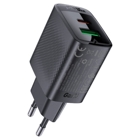 Acefast A78 netværksoplader, 20W, 3A, 1 x USB-A - 1 x USB-C, Sort