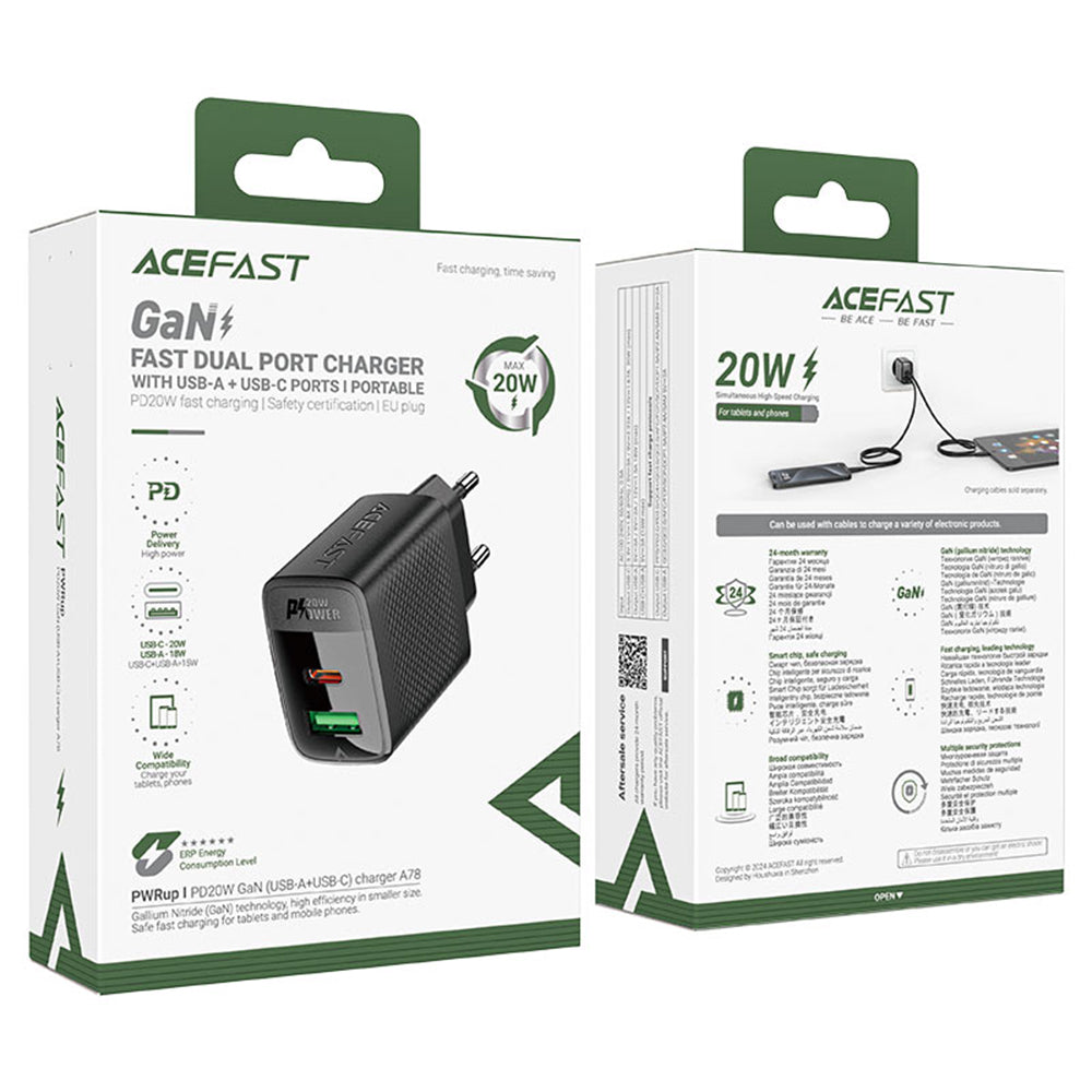 Acefast A78 netværksoplader, 20W, 3A, 1 x USB-A - 1 x USB-C, Sort