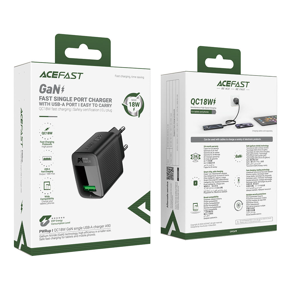 Netværksoplader Acefast A90, 18W, 3A, 1 x USB-A, Sort