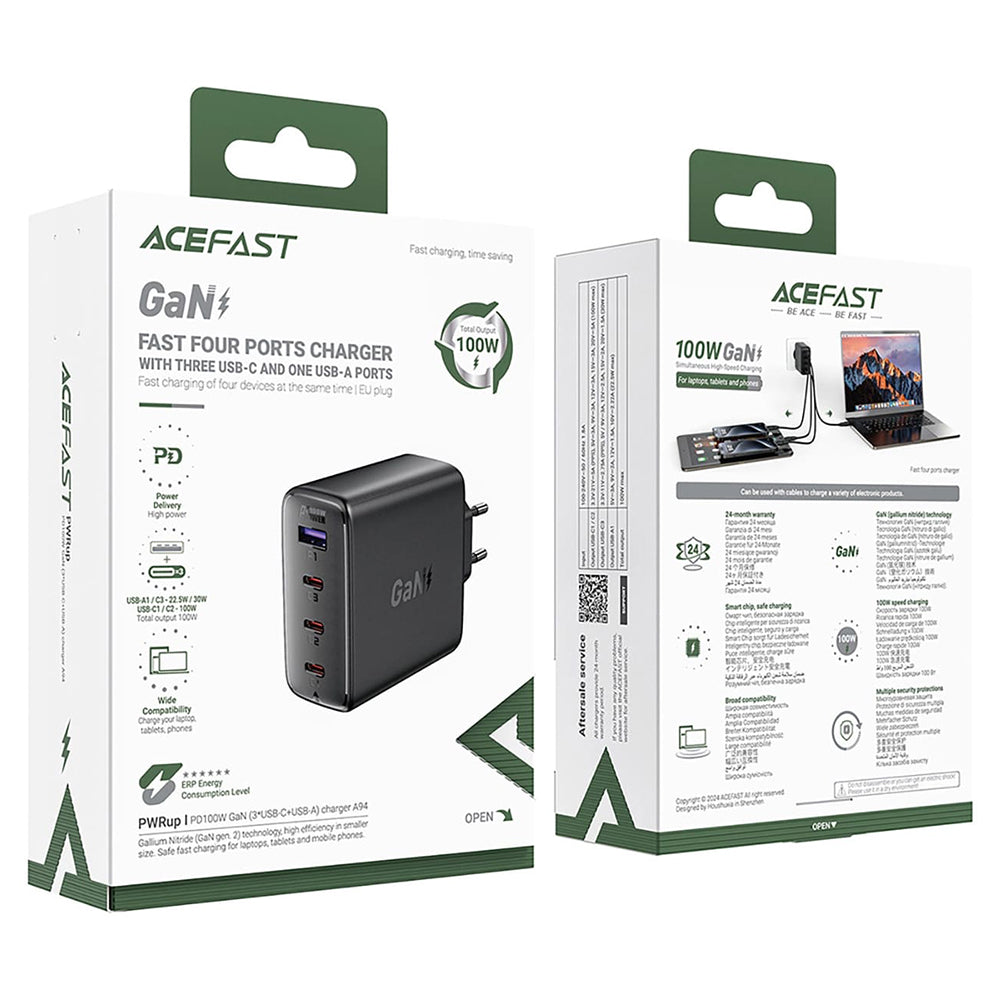 Acefast A94 netværksoplader, 100W, 5A, 1 x USB-A - 3 x USB-C, Sort