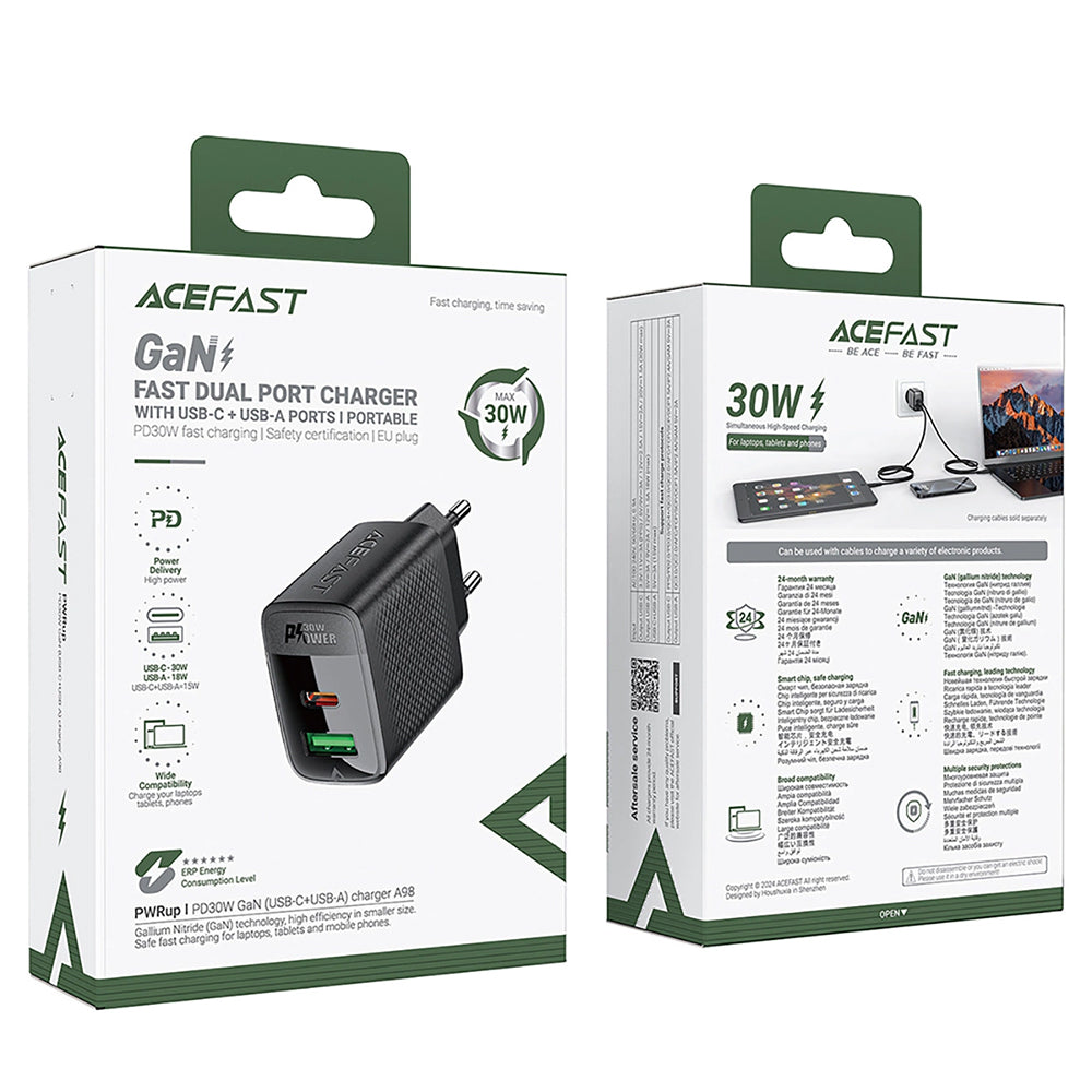 Netværksoplader Acefast A98, 30W, 3A, 1 x USB-A - 1 x USB-C, Sort