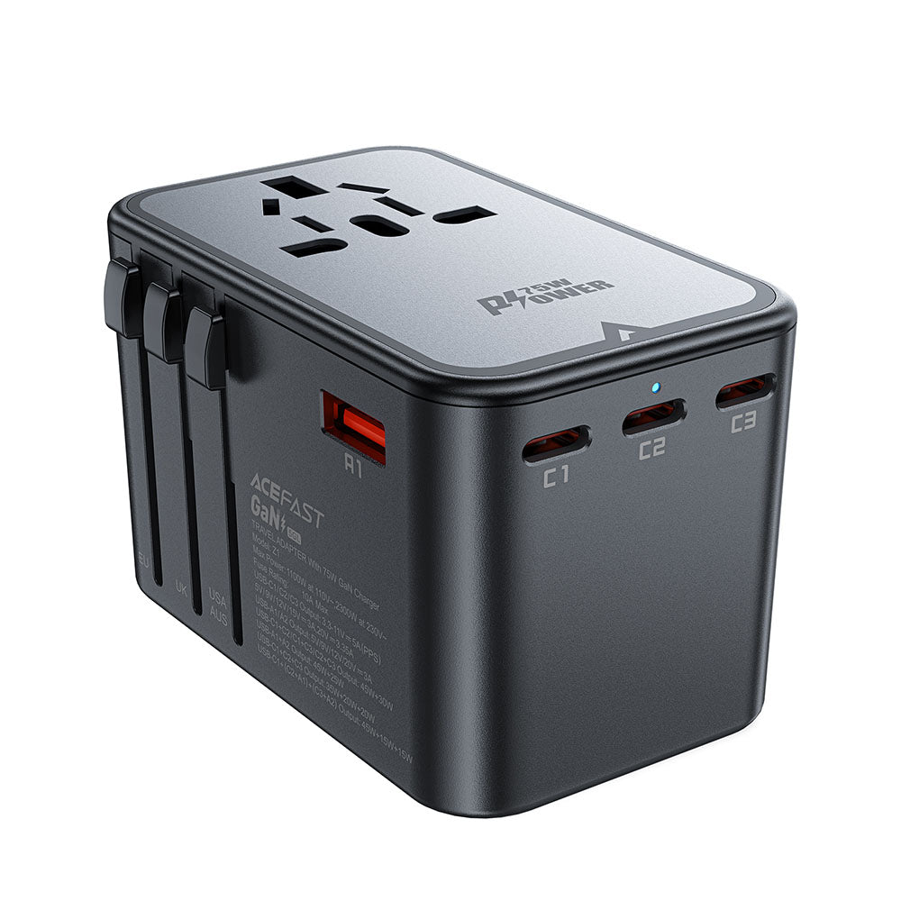 Acefast Travel Z1 netværksoplader, 75W, 3.35A, 2 x USB-A - 3 x USB-C, Sort
