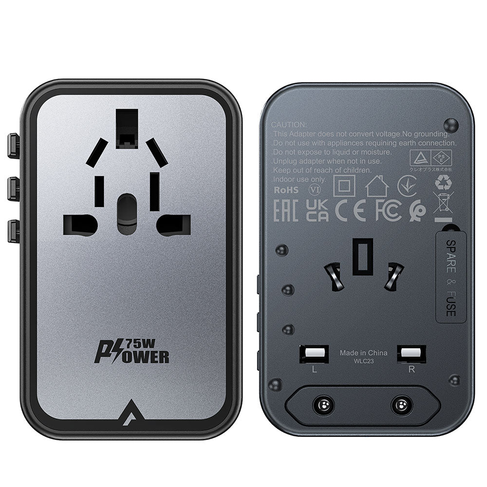 Acefast Travel Z1 netværksoplader, 75W, 3.35A, 2 x USB-A - 3 x USB-C, Sort