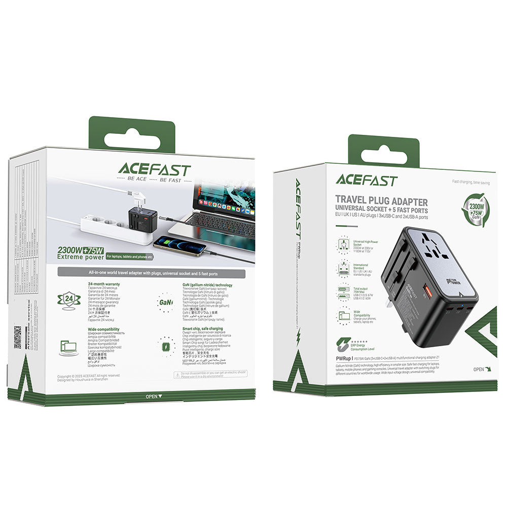 Acefast Travel Z1 netværksoplader, 75W, 3.35A, 2 x USB-A - 3 x USB-C, Sort