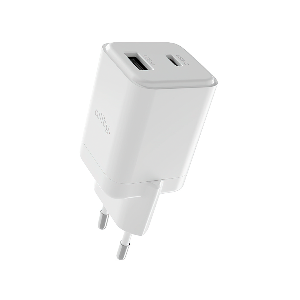 Allity Netværksoplader. ATC-01-30WAC Mini, 30W, 3A, 1 x USB-A - 1 x USB-C, Hvid