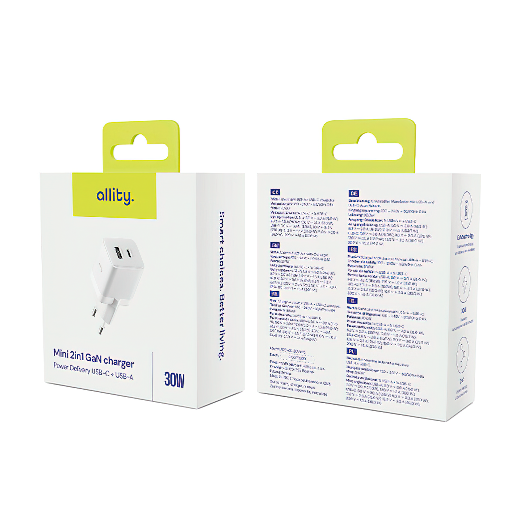 Allity Netværksoplader. ATC-01-30WAC Mini, 30W, 3A, 1 x USB-A - 1 x USB-C, Hvid
