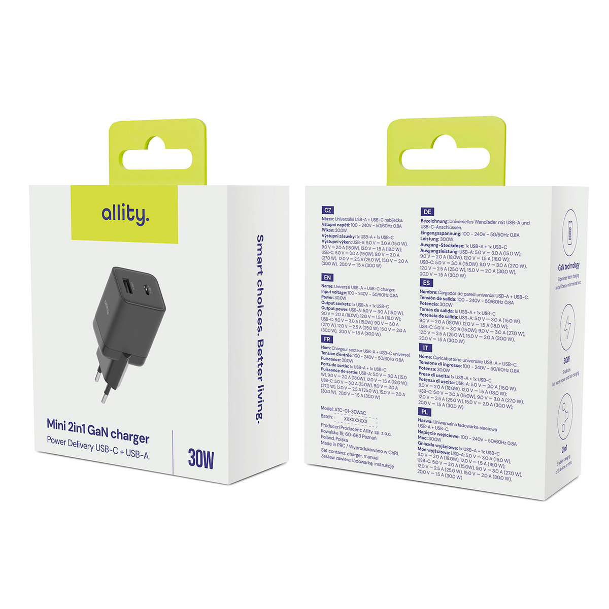 Allity Netværksoplader. ATC-01-30WAC Mini, 30W, 3A, 1 x USB-A - 1 x USB-C, Sort