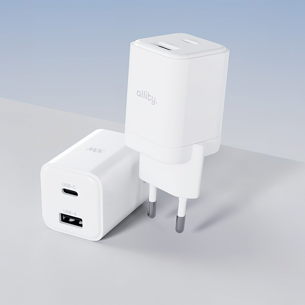 Allity Netværksoplader. ATC-01-30WAC Mini, 30W, 3A, 1 x USB-A - 1 x USB-C, Hvid