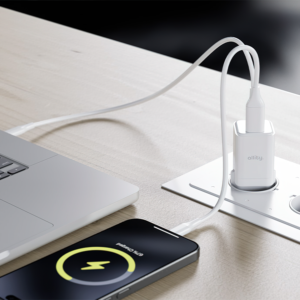 Allity Netværksoplader. ATC-01-30WAC Mini, 30W, 3A, 1 x USB-A - 1 x USB-C, Hvid